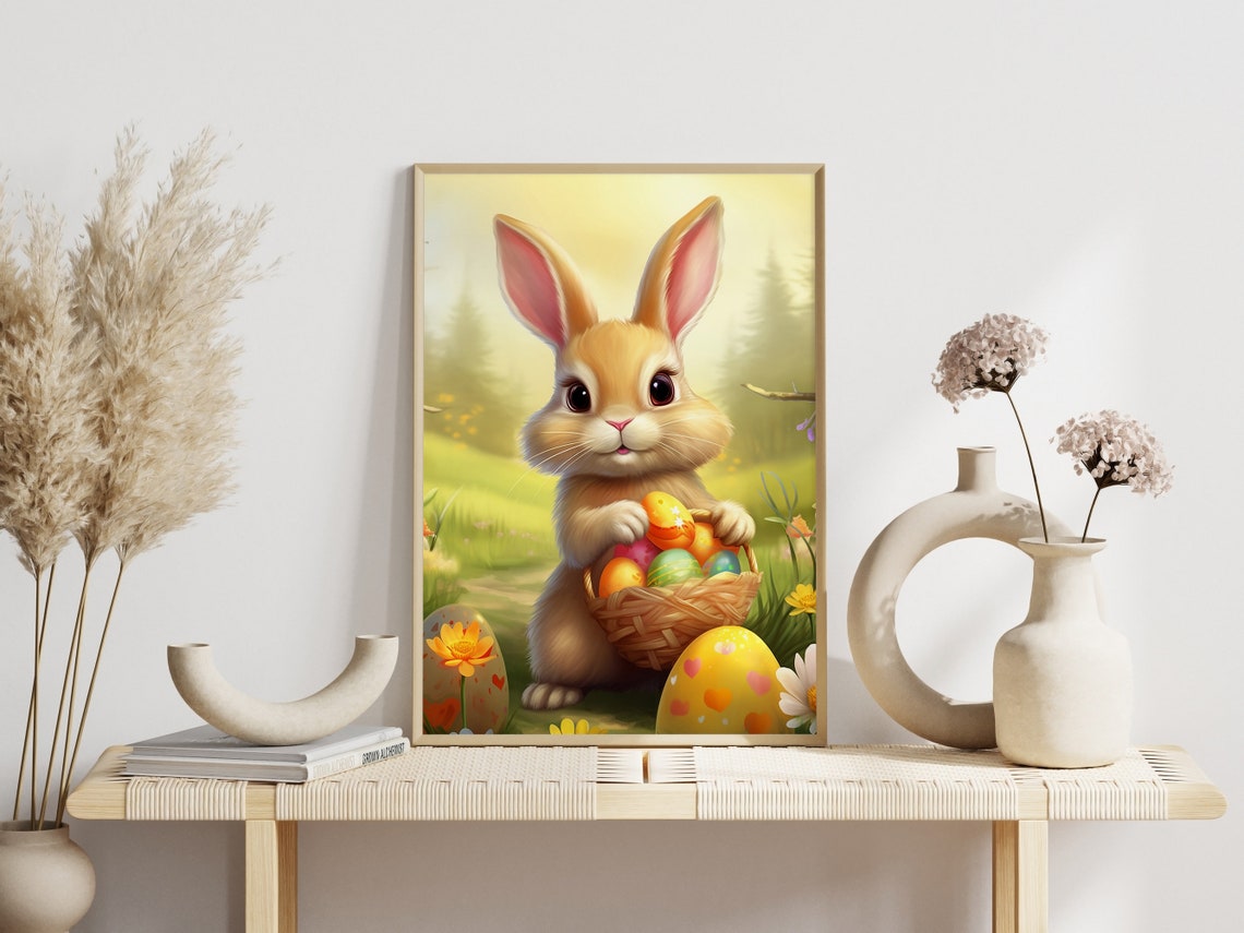 Adorable Bunny Holding Easter Egg Basket in Spring Meadow Wall Art - Image 4
