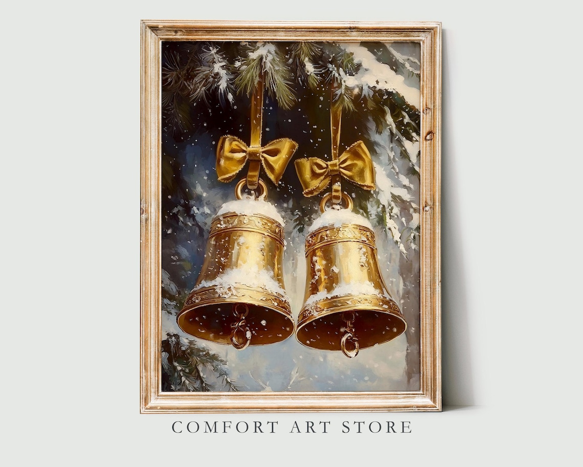 Golden Christmas Bells With Bows Hanging in the Snow Vintage Poster