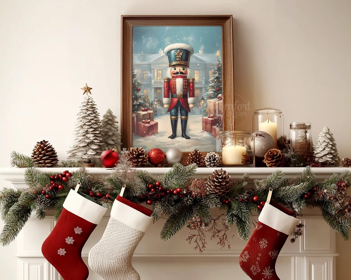 Toy Nutcracker in Front of Snow Covered Manor Christmas Art Poster - Image 4