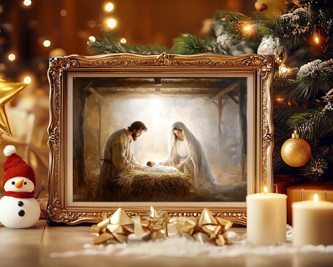 Mary and Joseph With Baby Jesus in the Manger Glowing Light Poster - Image 5