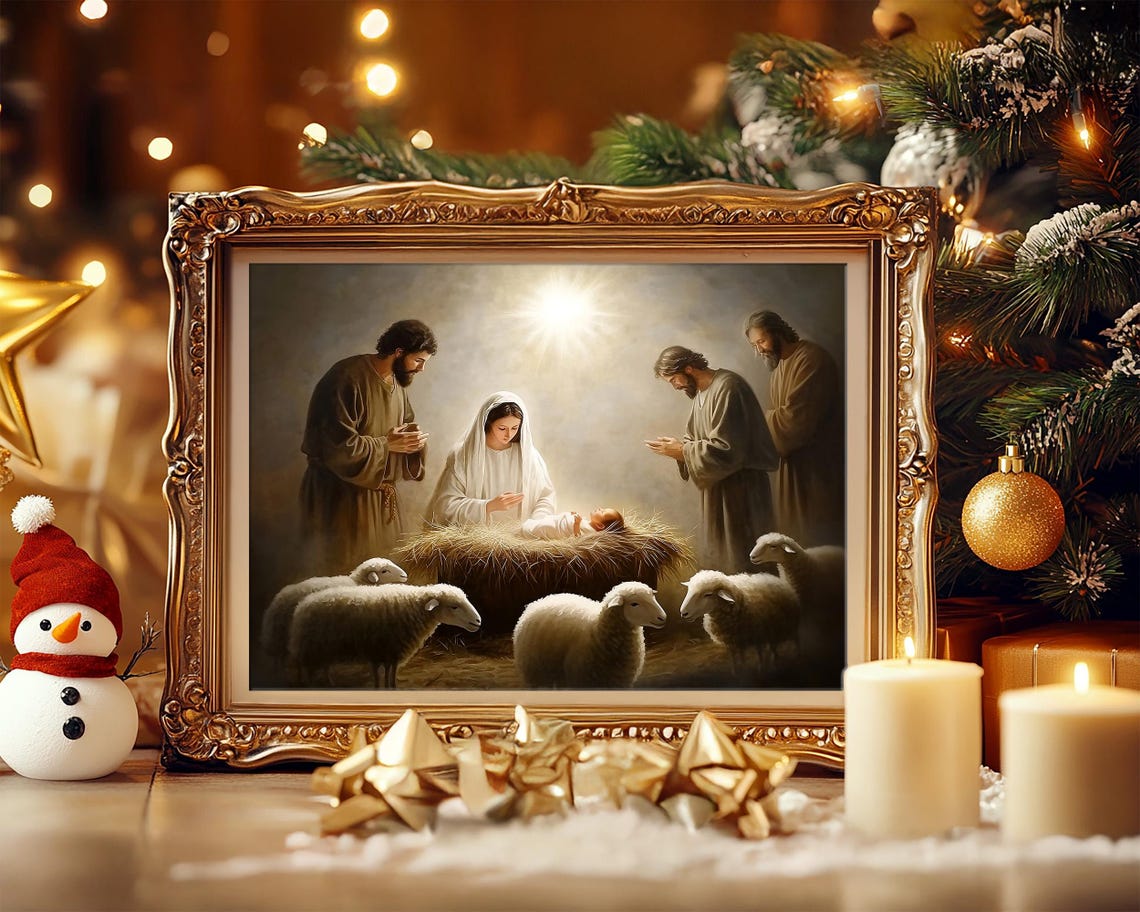 Holy Family Nativity Scene with Shepherds and Sheep Art Poster - Image 5