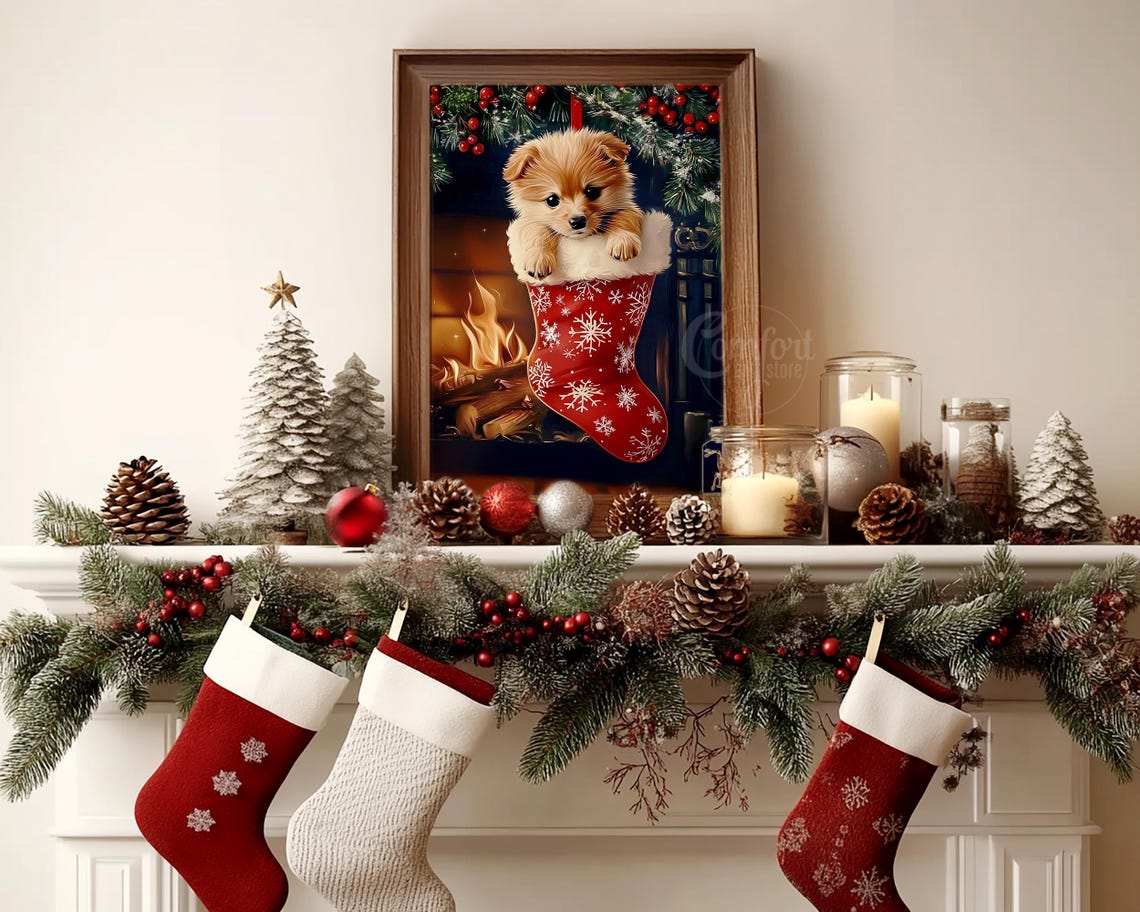 Adorable Puppy Peeking from Christmas Stocking by Fireplace Poster - Image 5