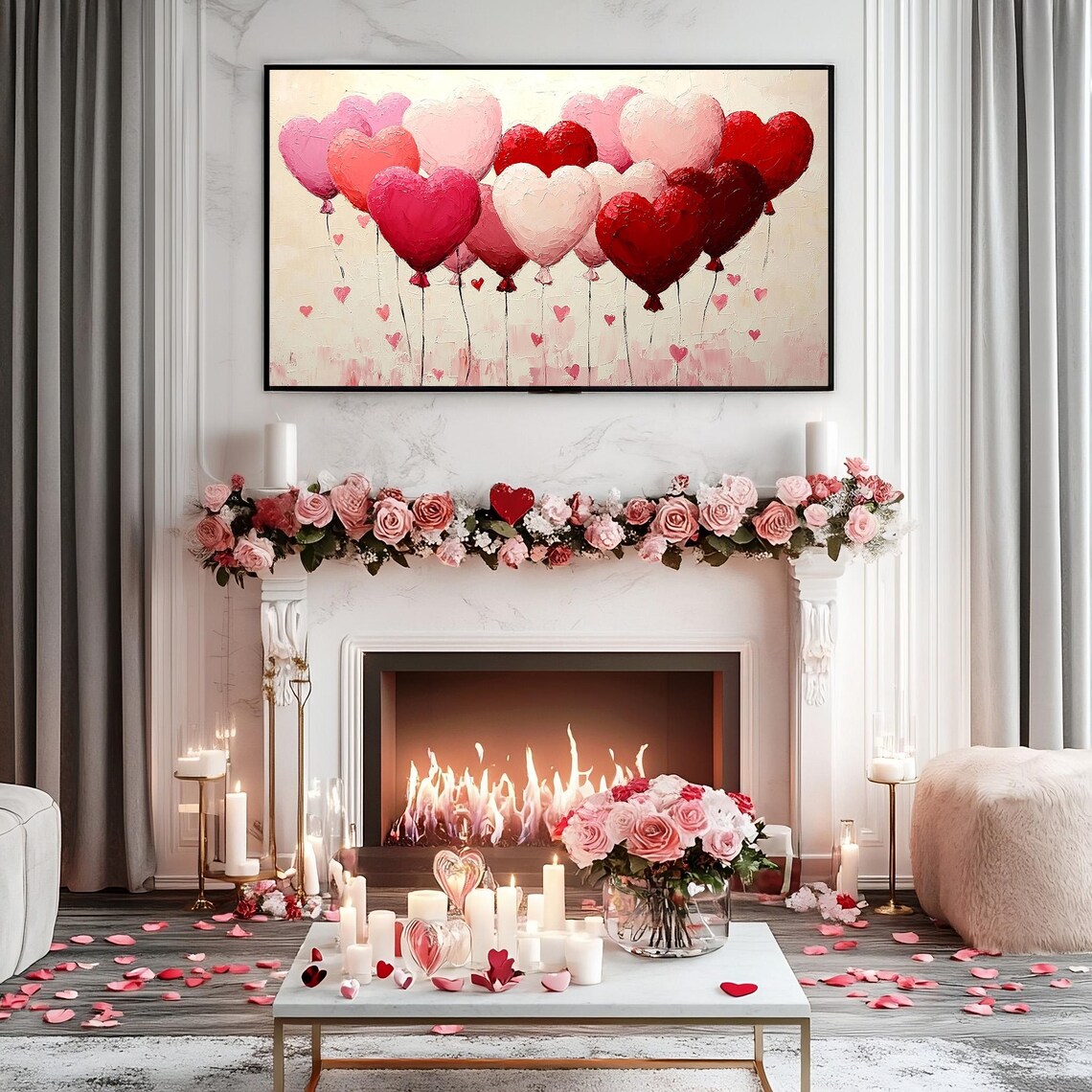 Red Pink Heart Balloons Oil Painting Frame TV Artwork Romantic Poster - Image 4