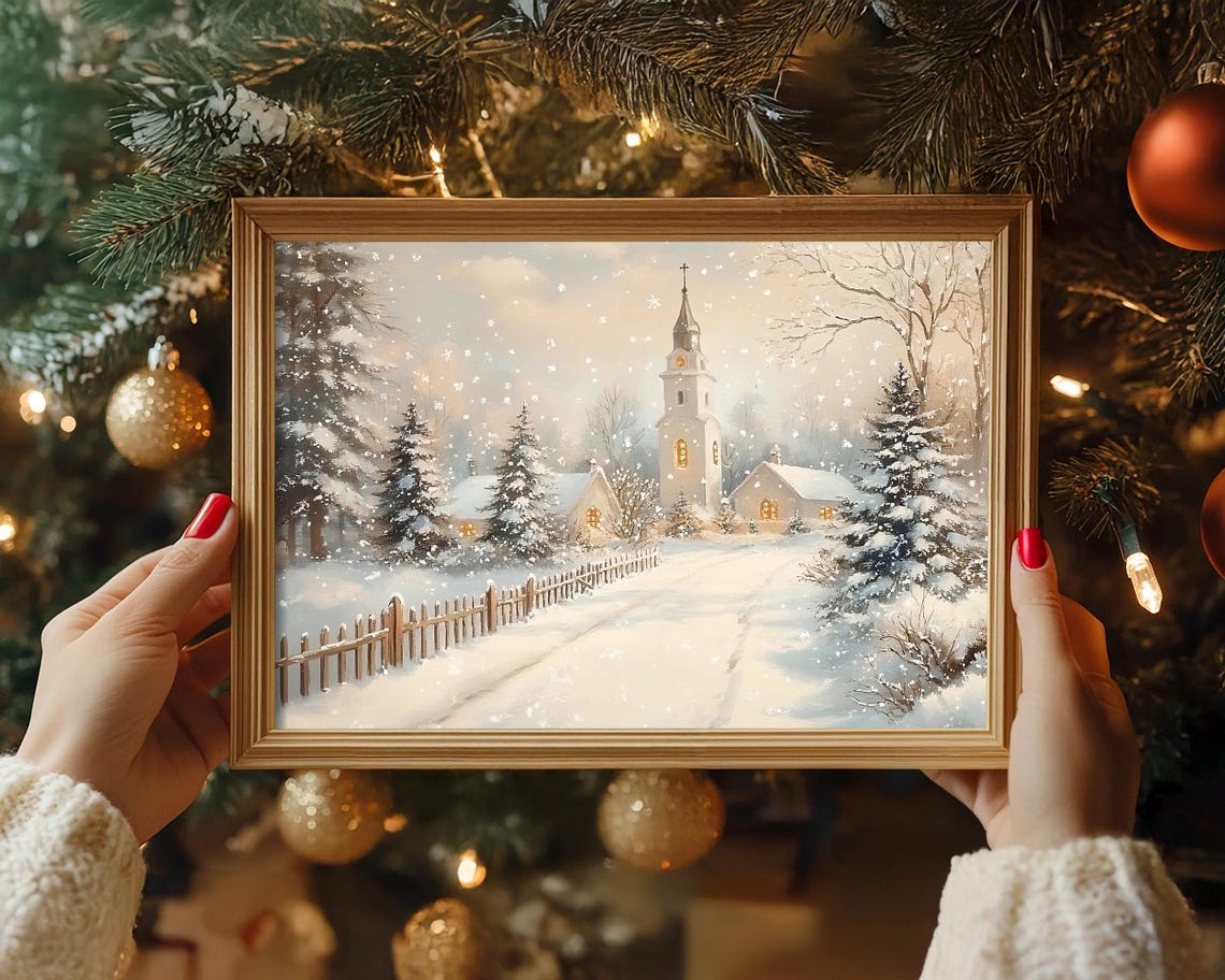 Antique Vintage Winter Print Snowy Village Wall Art Winter Scene Holiday Cottagecore Neutral Art Winter Landscape Church Painting - Image 7