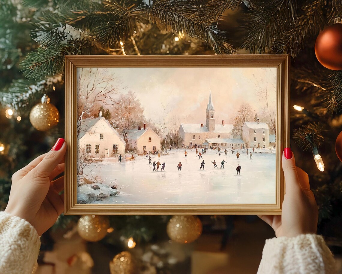 Frozen Pond Ice Skating Scene in Snowy Village Winter Wall Art - Image 4