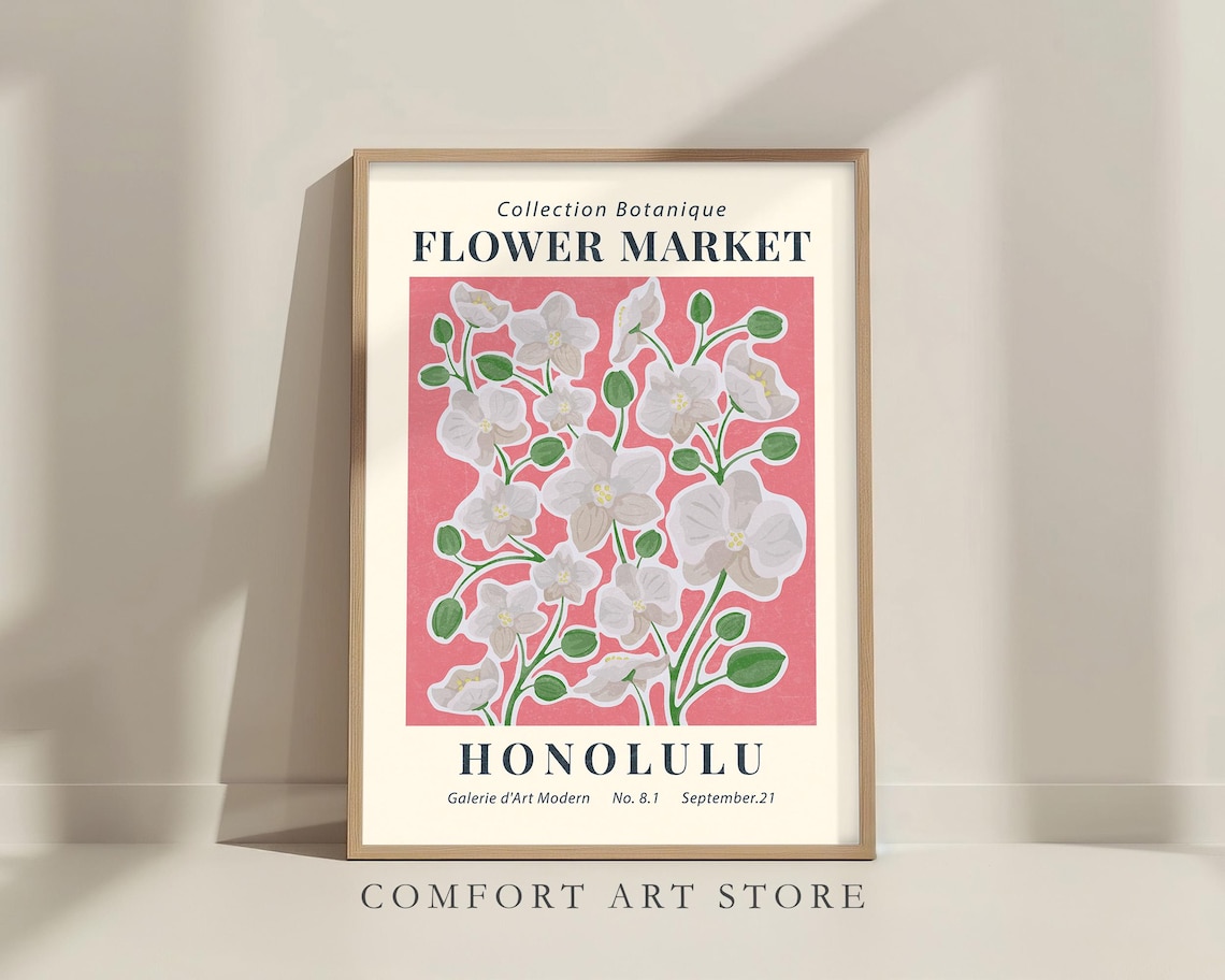 Honolulu Flower Market Botanical White Orchid Museum Exhibition Art Poster