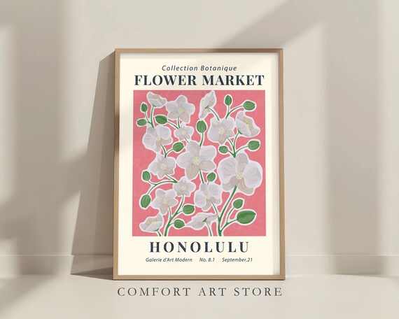 Honolulu Flower Market Botanical White Orchid Museum Exhibition Art Poster