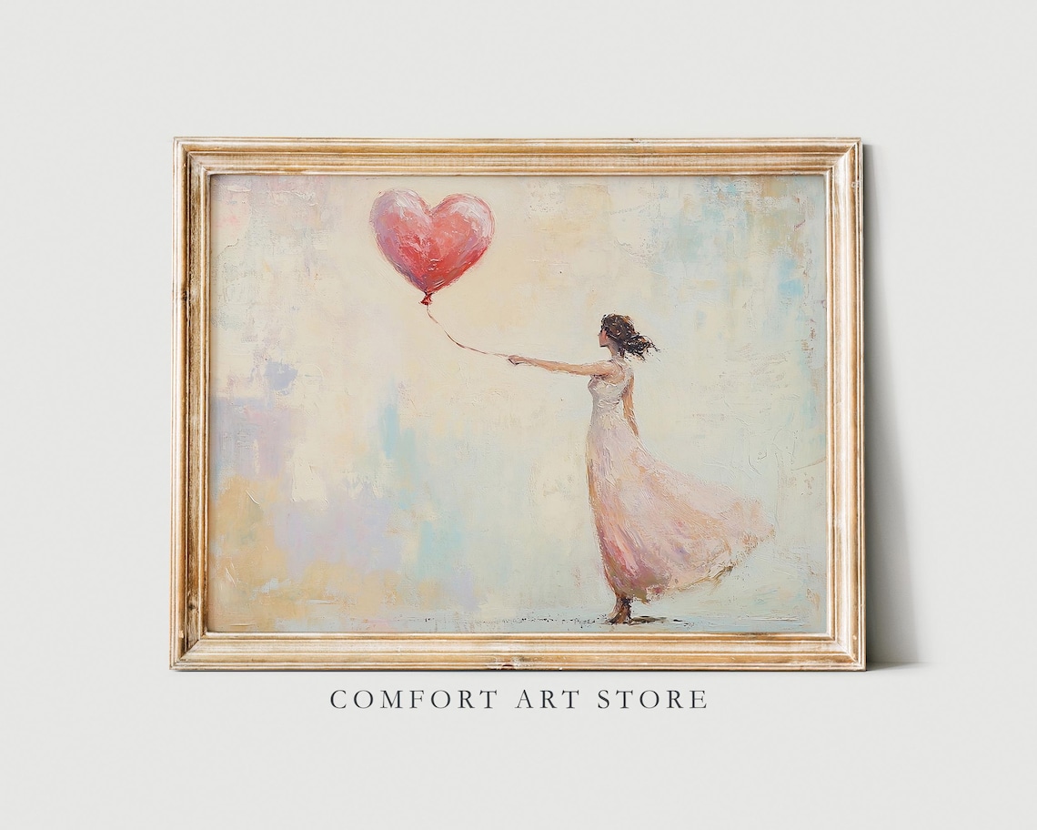 Woman Releasing Red Heart Balloon Impressionist Romantic Wall Poster