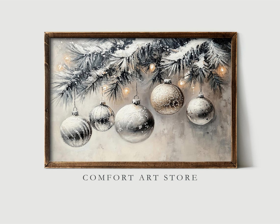 Shimmering Silver Mercury Glass Ornaments Snowy Pine Branch Poster - Image 2