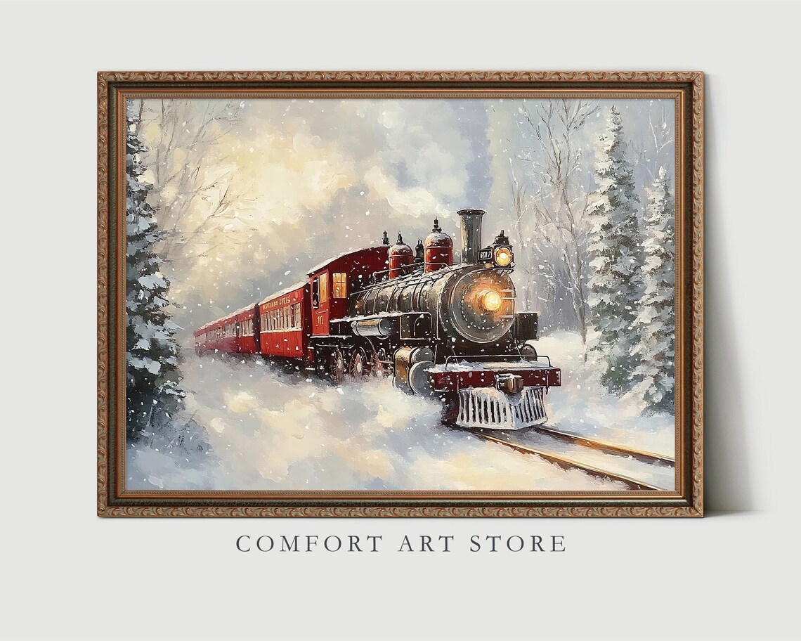 Vintage Red Steam Train Crossing Snow Covered Woods Wall Art - Image 3