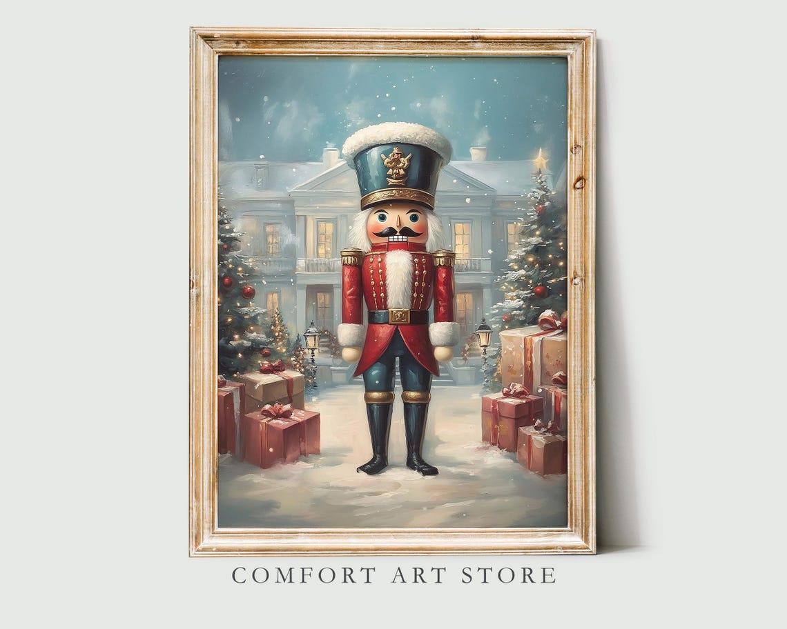 Toy Nutcracker in Front of Snow Covered Manor Christmas Art Poster