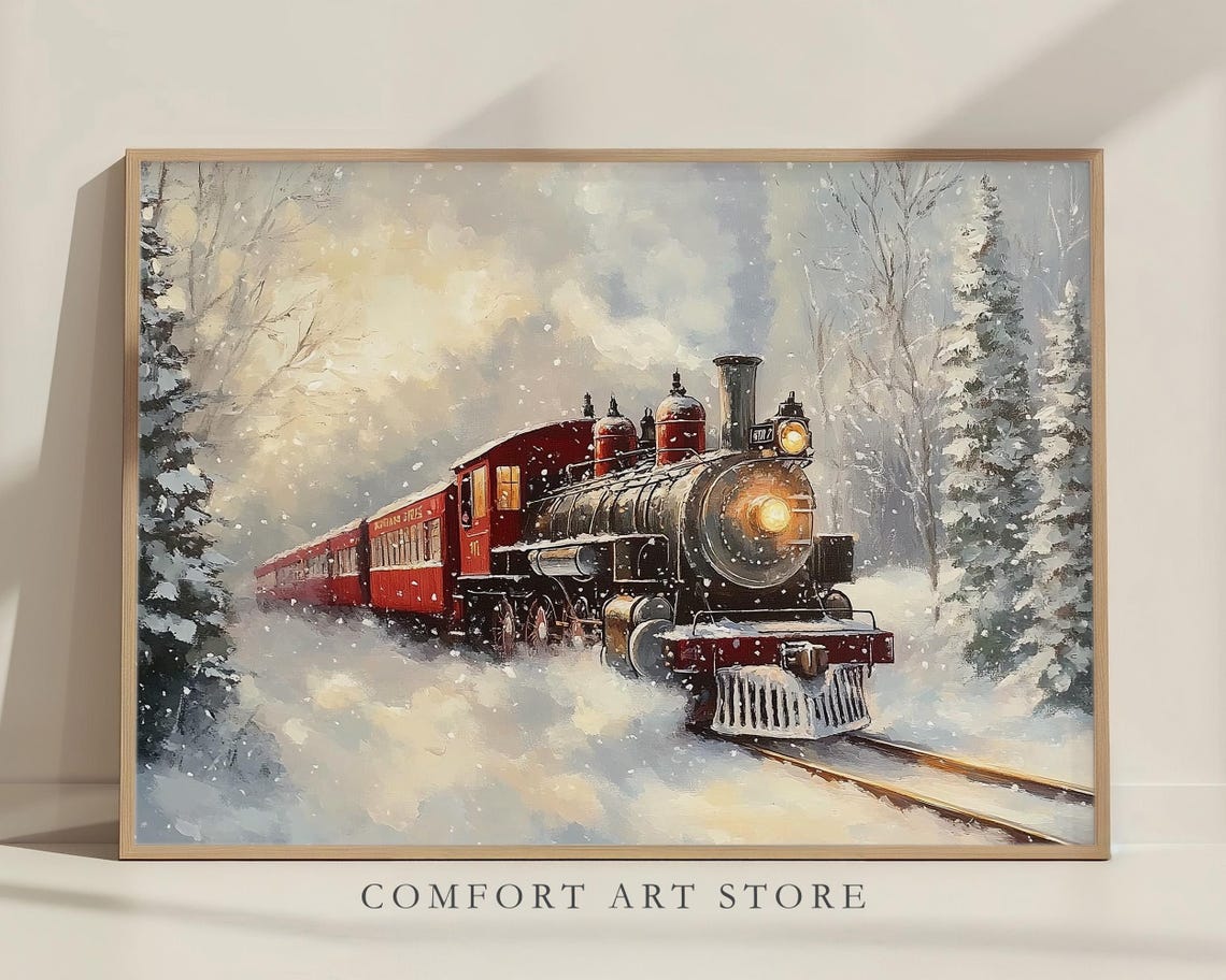 Vintage Red Steam Train Crossing Snow Covered Woods Wall Art - Image 7