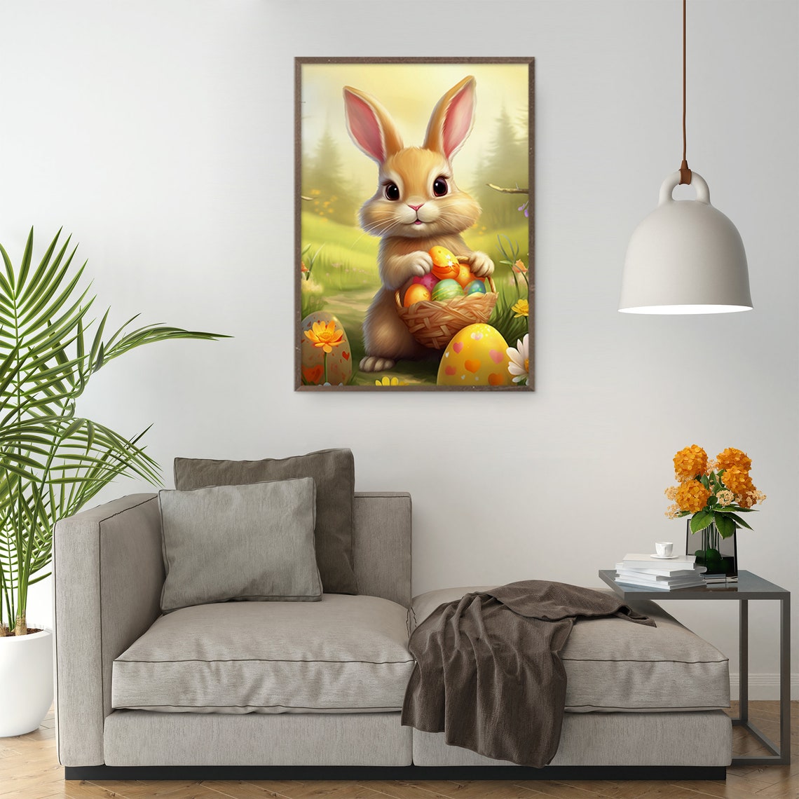 Adorable Bunny Holding Easter Egg Basket in Spring Meadow Wall Art - Image 5