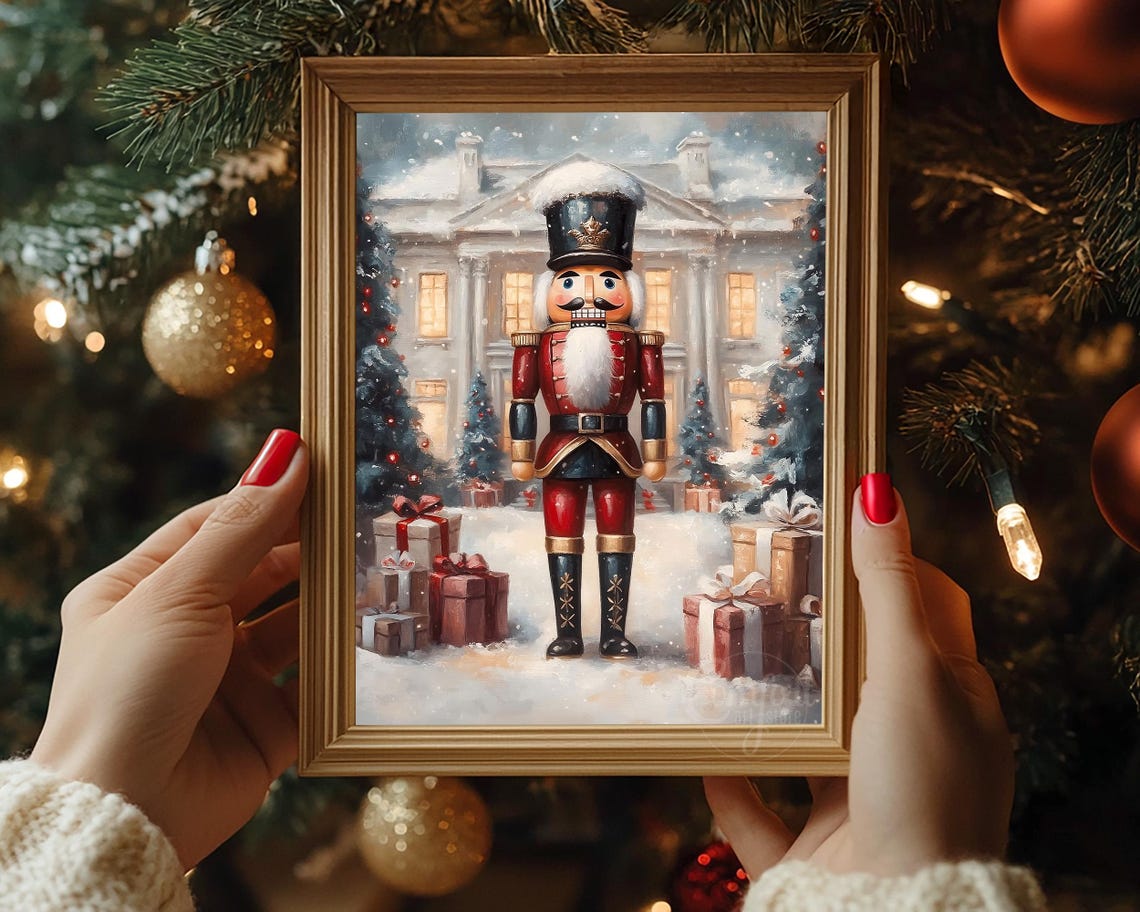 Classic Red Nutcracker Soldier in Snowy Mansion Holiday Scene Poster - Image 7