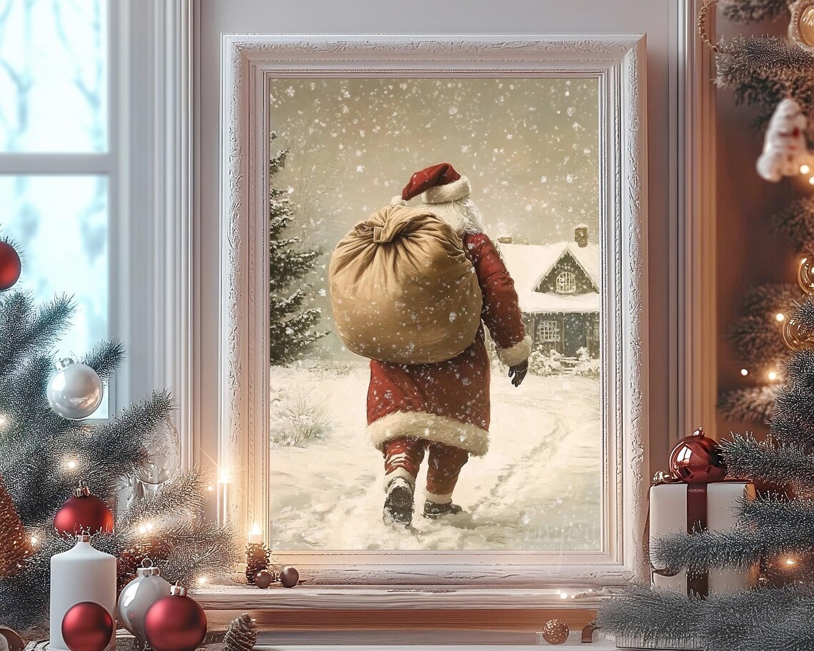 Santa Claus Carrying Gifts on Snowy Path to a Cabin Wall Art - Image 8