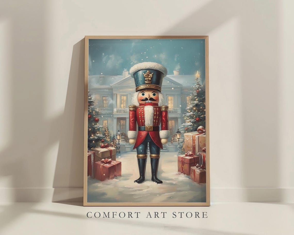 Toy Nutcracker in Front of Snow Covered Manor Christmas Art Poster - Image 8