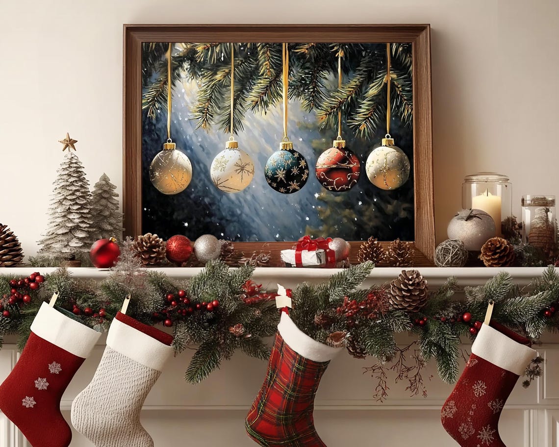 Five Christmas Ornaments Hanging on Snowy Pine Branches Poster - Image 5