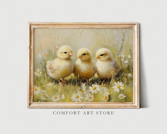 Easter Baby Chicks Print Cute Easter Chicken Neutral Wildflower Easter Nursery Easter Vintage Spring Nursery Decor Easter Wall Art