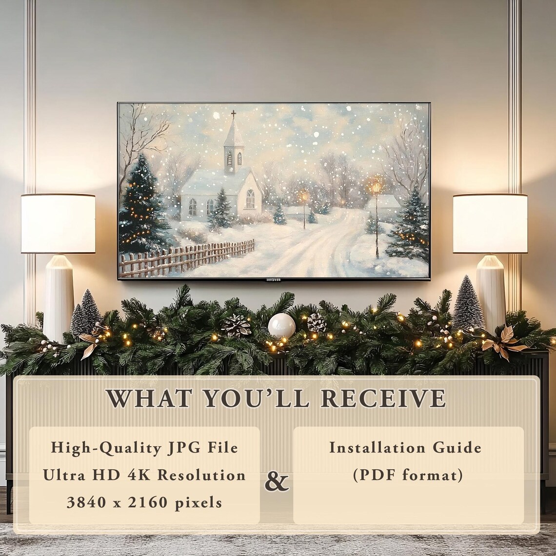 Snowy Country Church With Lamp Posts and Christmas Tree Poster - Image 8