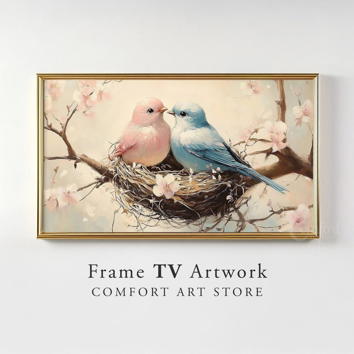 Pink Blue Love Birds Nest Cherry Blossom Romantic Wall Poster - Image 2