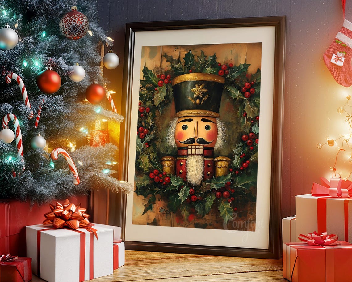 Nutcracker Portrait Surrounded by Holly and Red Berries Wall Art - Image 4