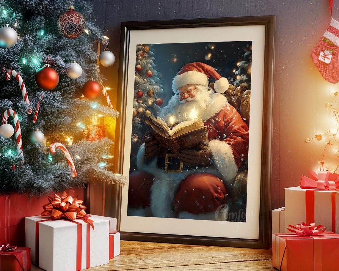 Santa Claus Reading a Glowing Magic Book at Christmas Tree Poster - Image 3