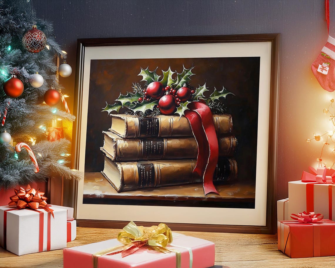 Elegant Stack of Vintage Books with Holly and Red Ornaments Poster - Image 3