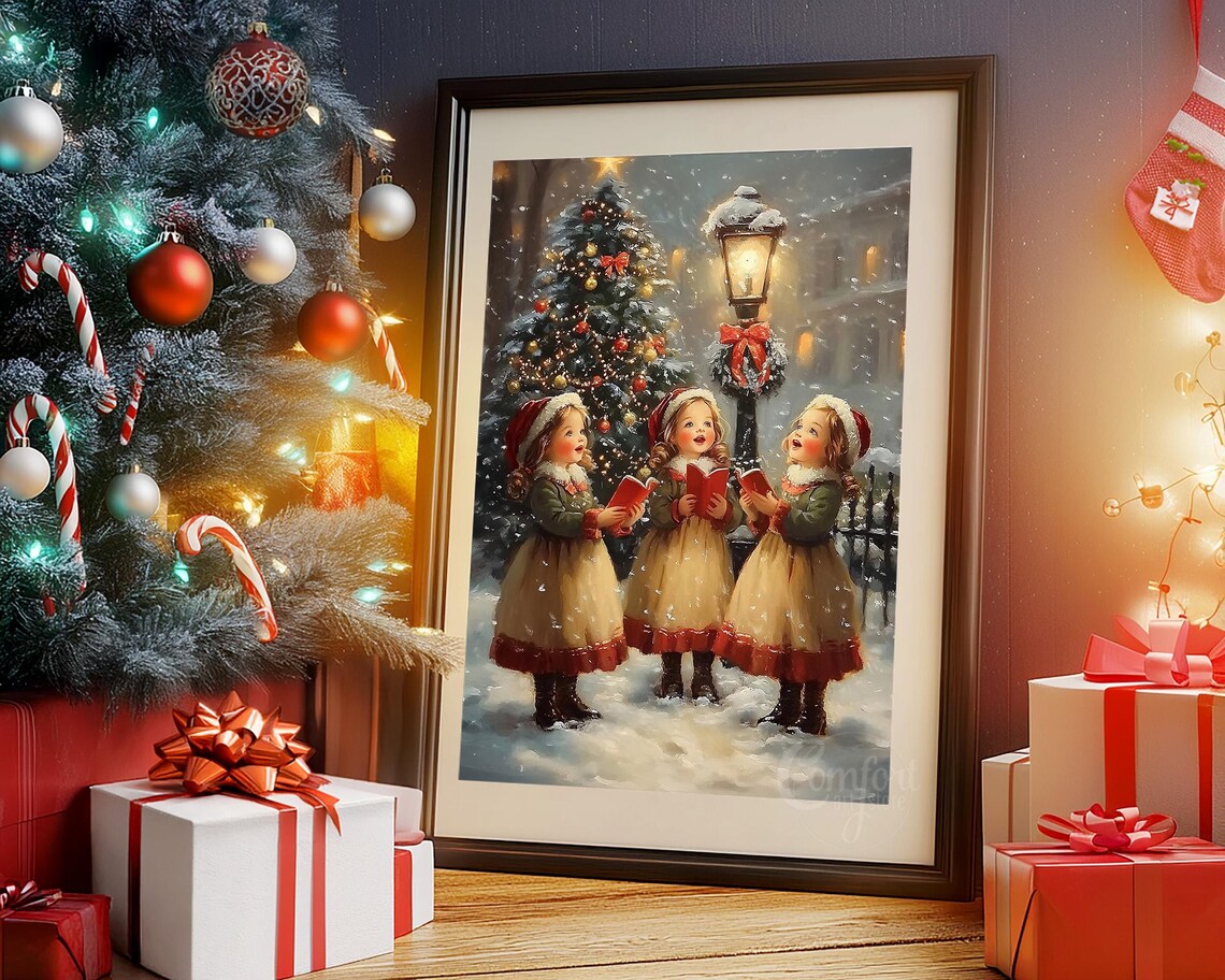 Victorian Girls Caroling in the Snow Vintage Christmas Poster - Image 6