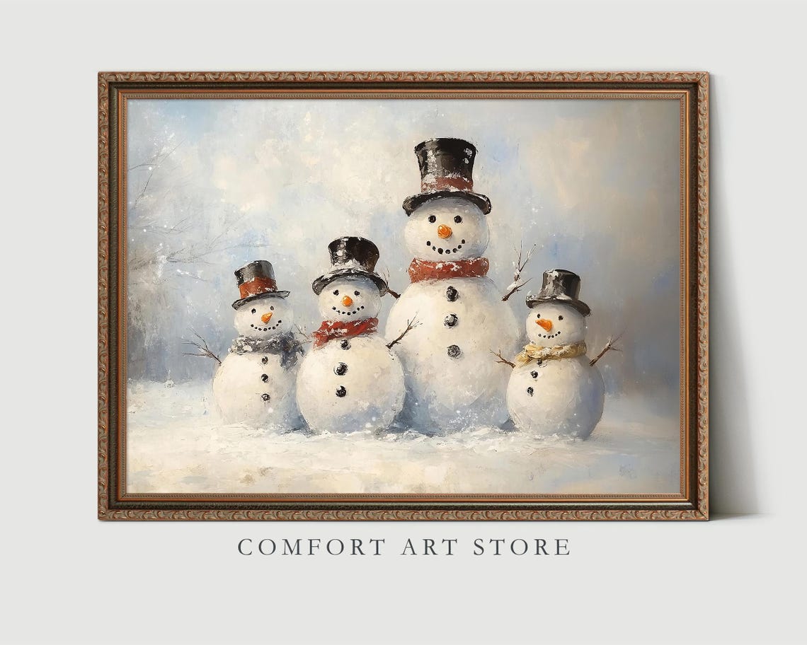 Antique Vintage Christmas Snowman Print Christmas Wall Art Winter Scene Holiday Art Snowman Family Christmas Painting Snowman Wall Art Decor - Image 4