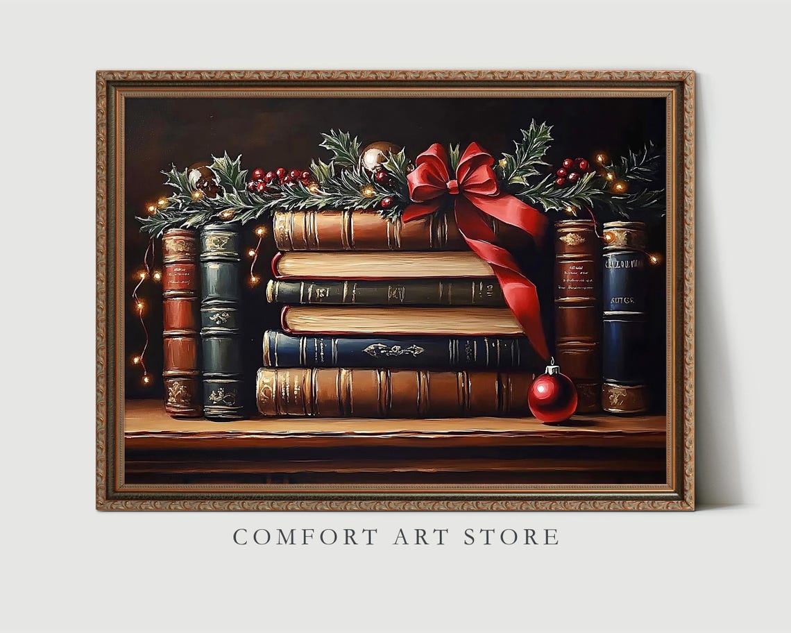 Antique Bookshelf with Christmas Holly Garland Red Bow Poster - Image 2