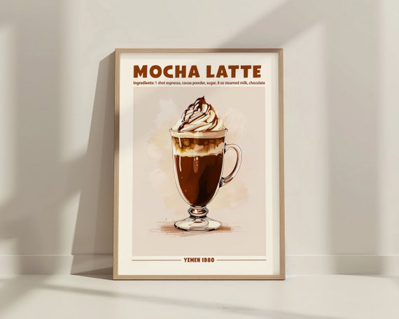 Retro Mocha Latte Coffee Print Home Bar Kitchen Or Cafe Decor Cart Sign Gift For Coffee Lovers Drink Poster Mocha Latte Recipe Wall Art