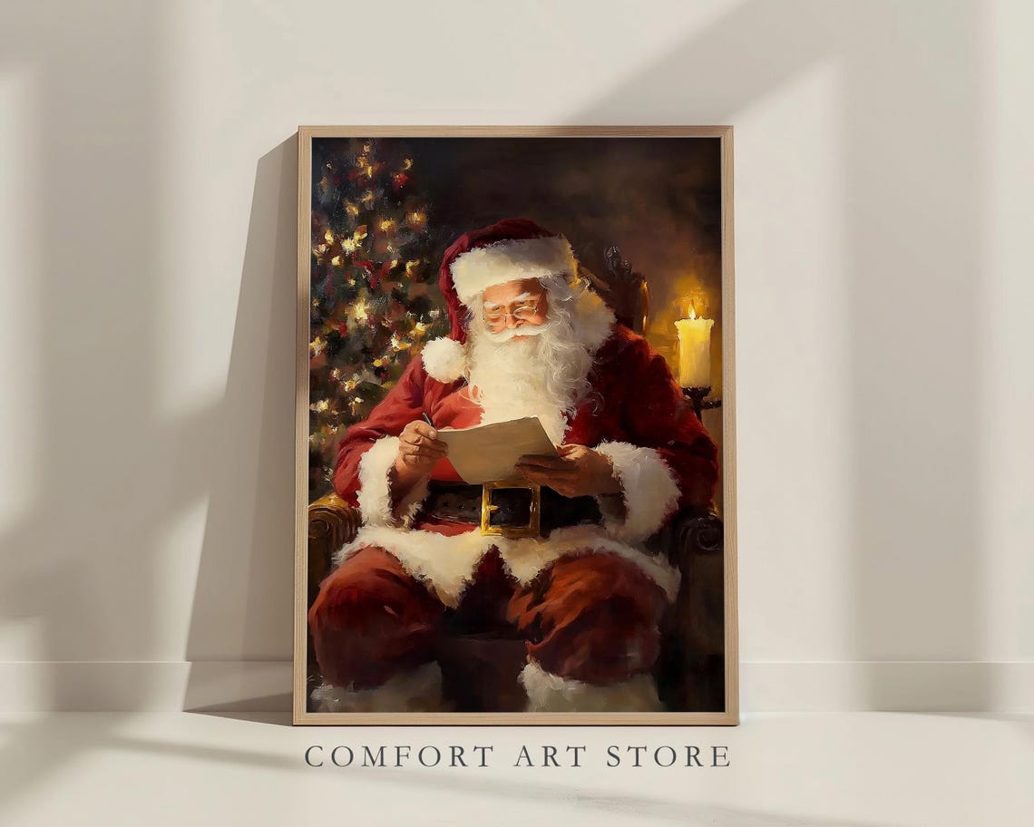 Santa Claus Reading Notes Beside the Christmas Tree Vintage Poster - Image 5