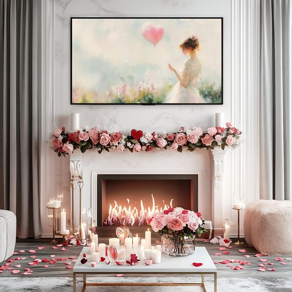Valentines Day Frame Tv Art Frame Tv Pink Heart Balloon Tv Vintage Valentine Woman Cherry Blossom Painting Moody Romantic Home Dcor