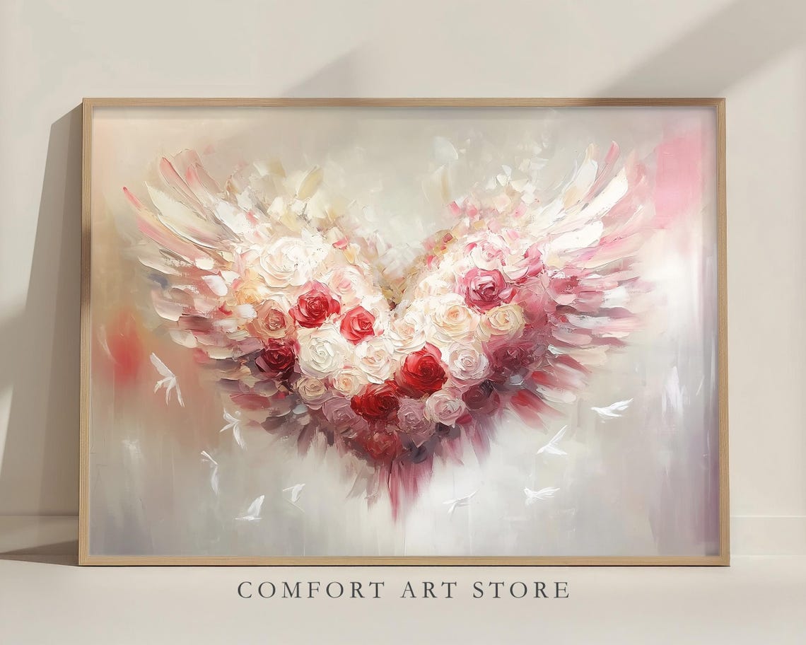 Valentines Rose Heart Angel Wings Floral Painting Romantic Wall Art - Image 4