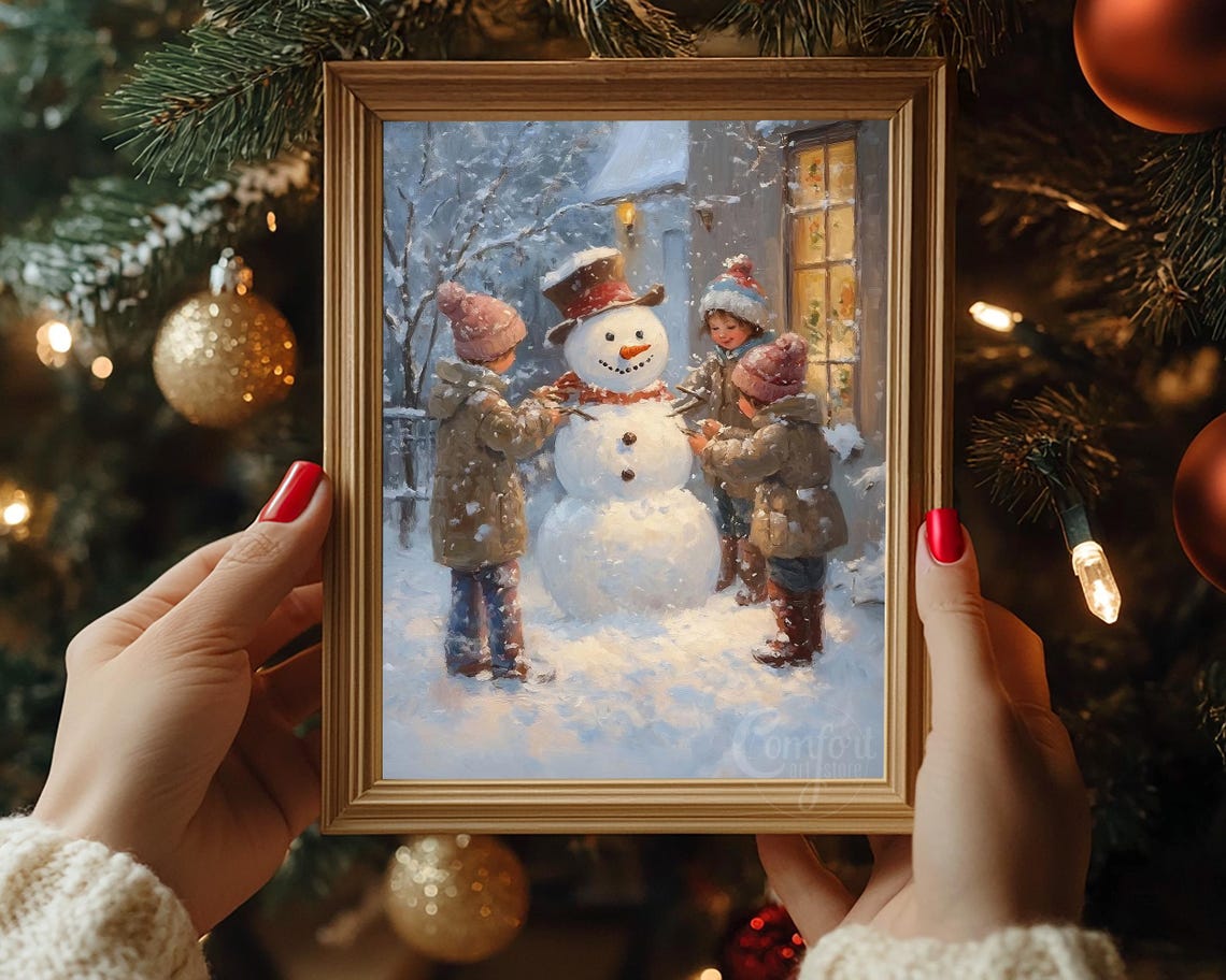 Vintage Christmas Wall Art Snowman Print Children Making Snowman Winter Holiday Decor Christmas Winter Oil Painting Antique Snowman Print - Image 6