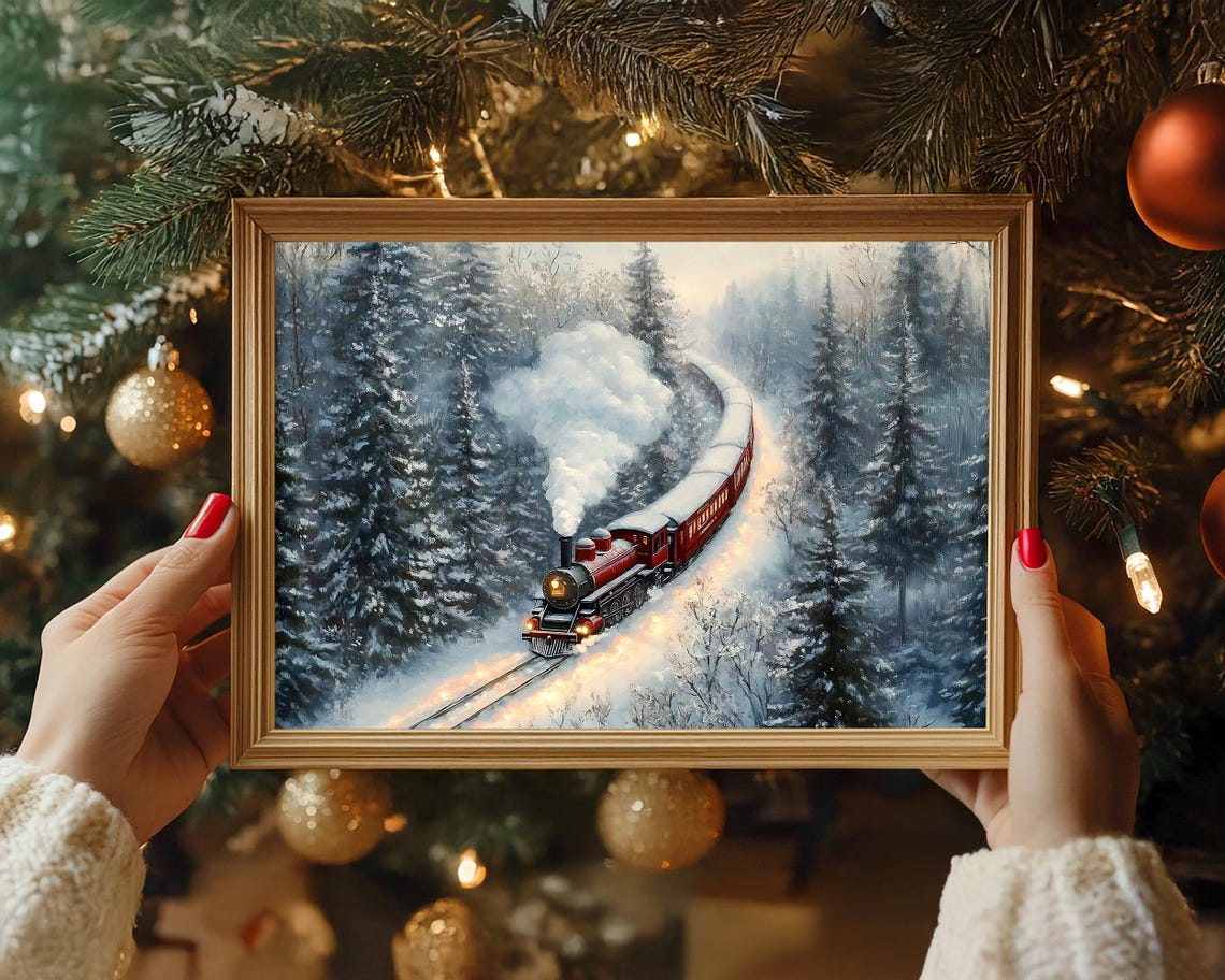 Classic Vintage Red Steam Train in Snowy Pine Forest Art Poster - Image 7