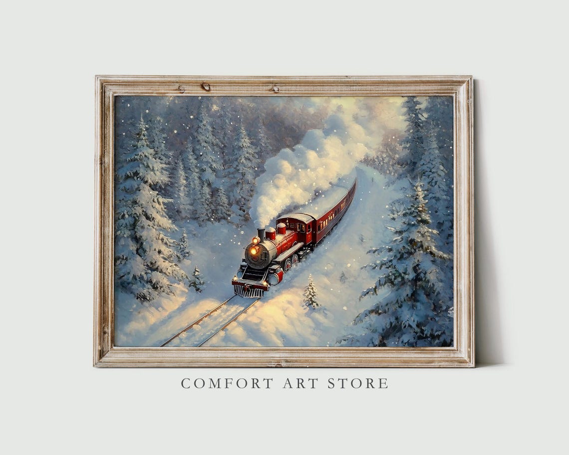 Red Steam Train Traveling Through a Snowy Winter Forest Poster