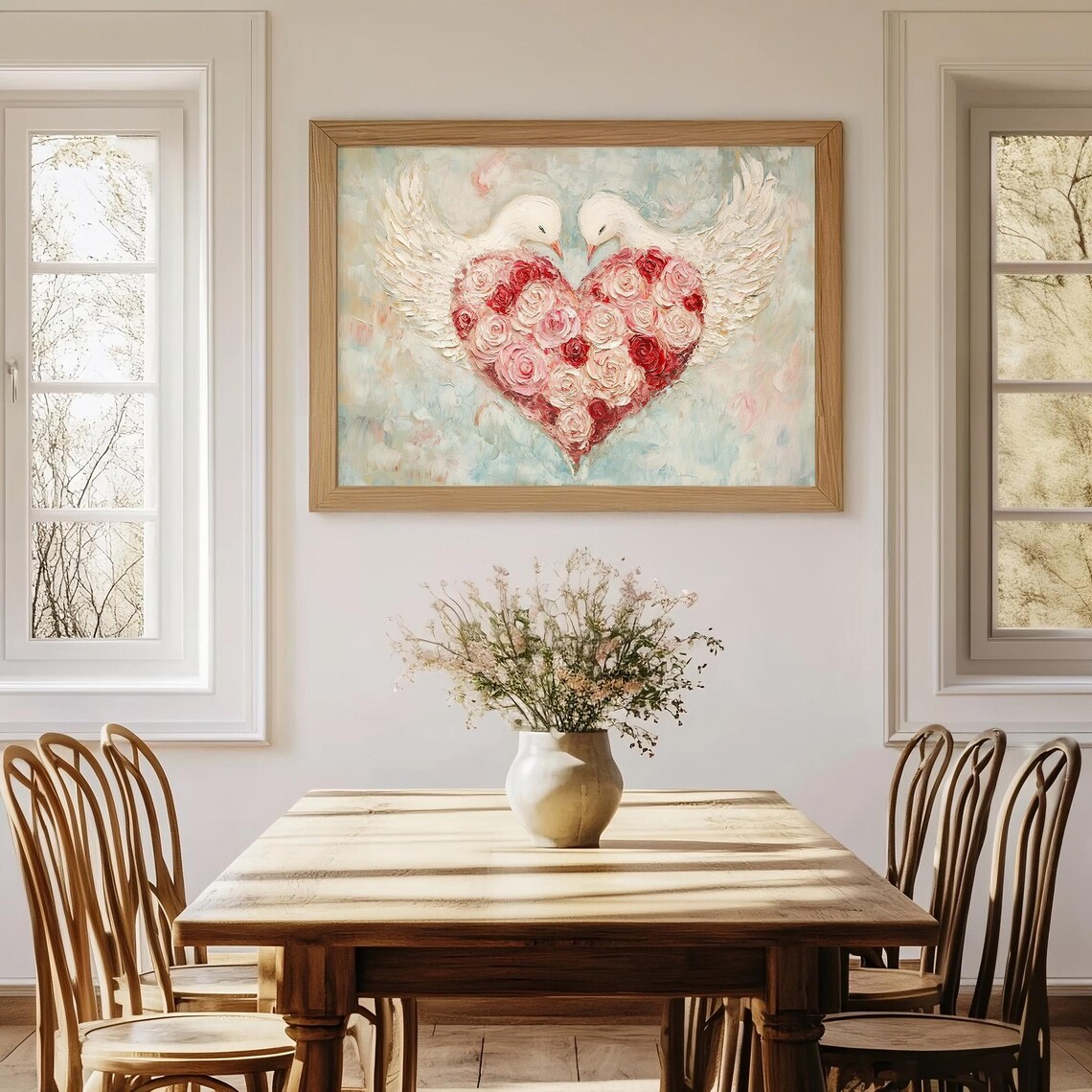 White Doves Rose Heart Impasto Painting Romantic Valentine Wall Poster - Image 4