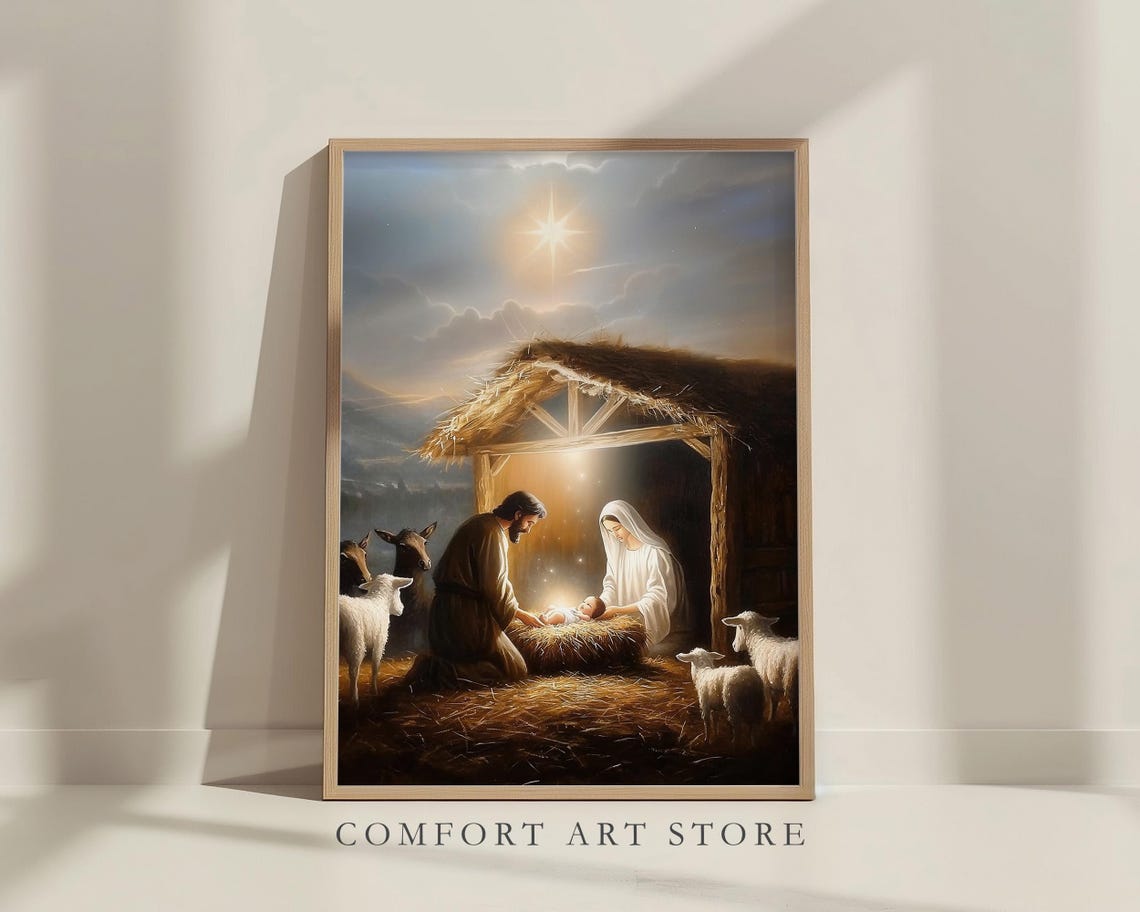 Peaceful Holy Family Nativity in Stable with Animals Star Poster - Image 8