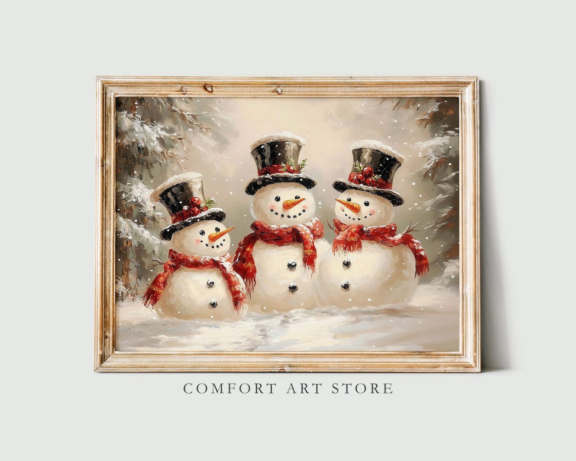 Jolly Three Happy Snowmen with Top Hats and Red Scarves Poster