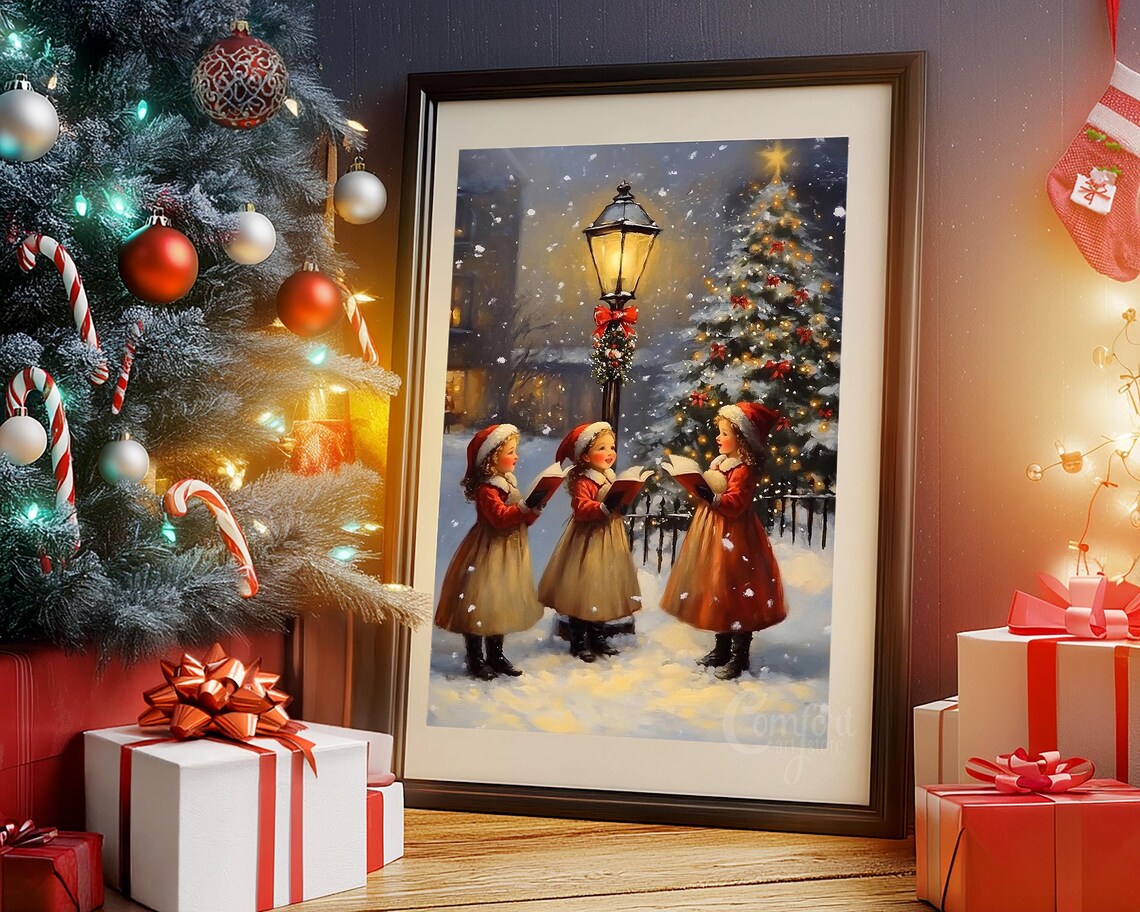 Little Girls Caroling Snowy Christmas Tree Vintage Oil Painting Poster - Image 8