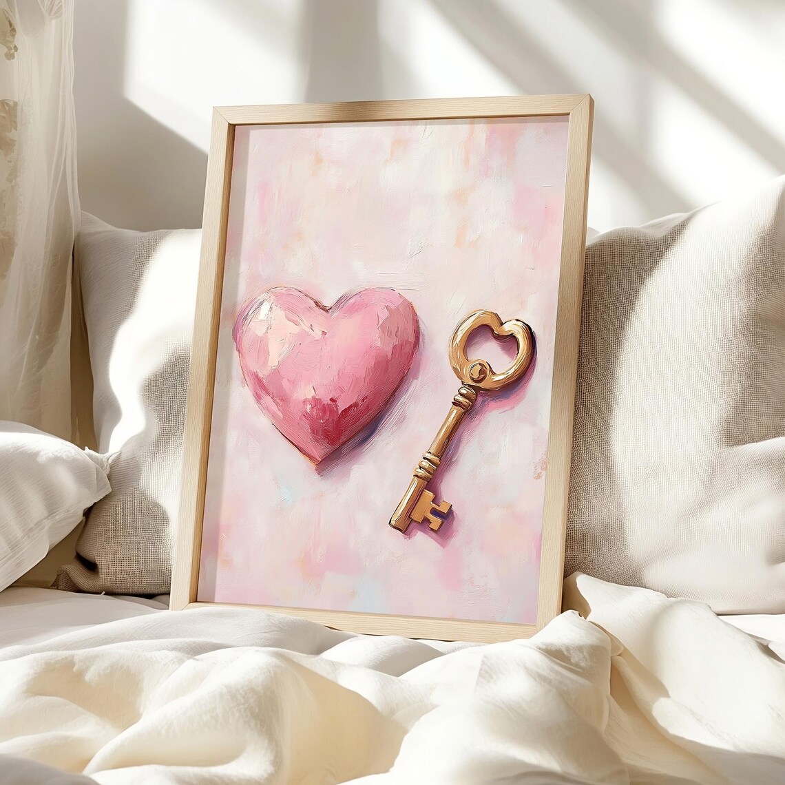 Pink Heart and Golden Skeleton Key Romantic Valentine Art Poster - Image 2