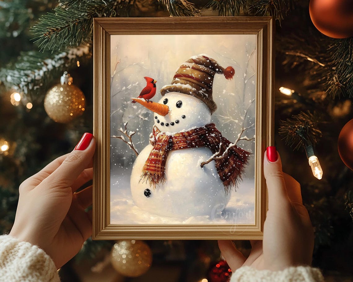 Snowman with Striped Knit Hat and Cardinal on Carrot Nose Wall Art - Image 6