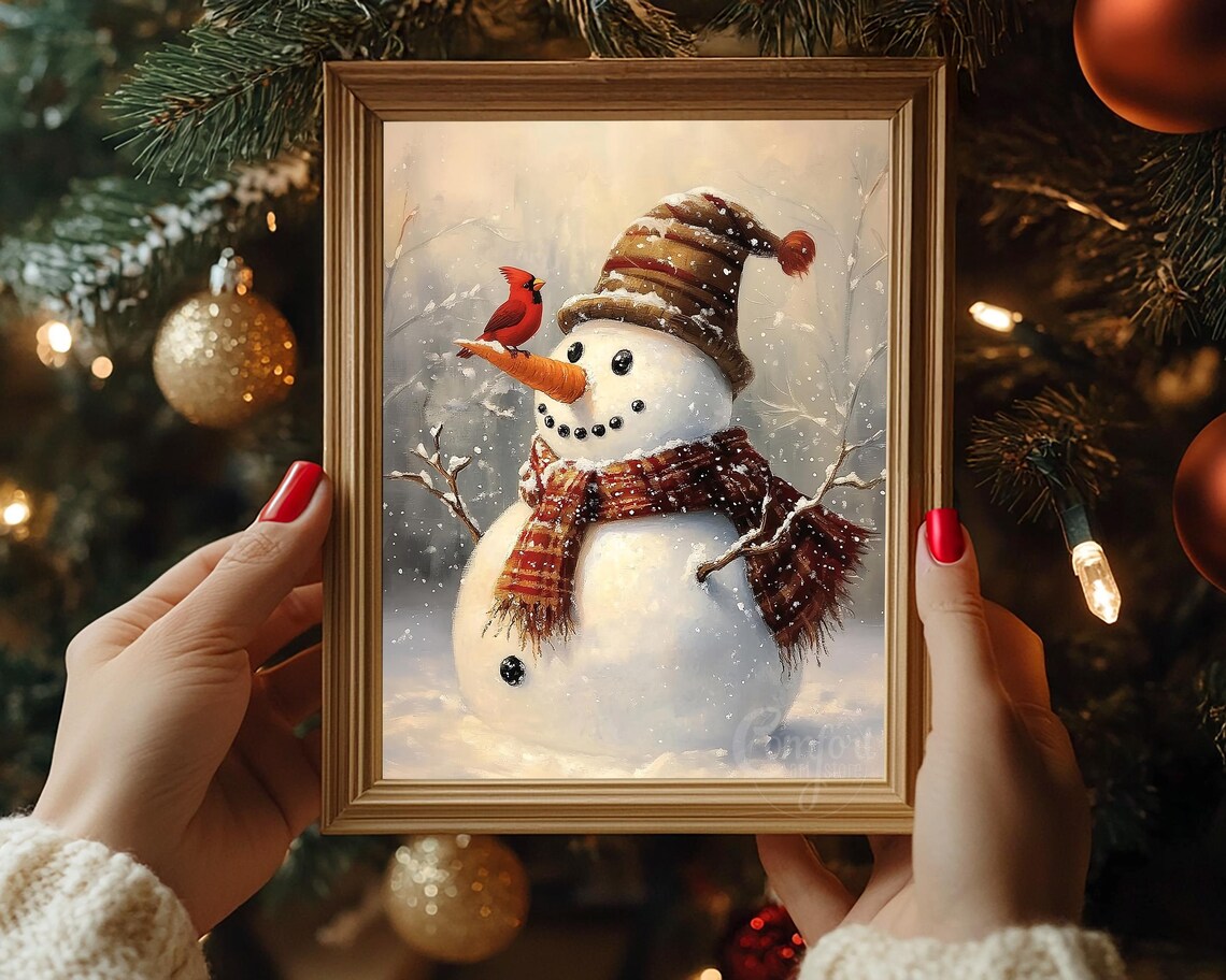 Vintage Christmas Wall Art Snowman Print Carrot Nose Red Cardinal Holiday Winter Decor Neutral Christmas Oil Painting Antique Snowman Print - Image 6