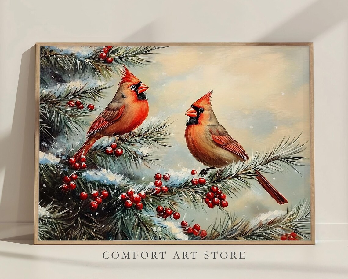 Pair of Red Cardinals on Snowy Pine Branch Winter Bird Wall Art - Image 7