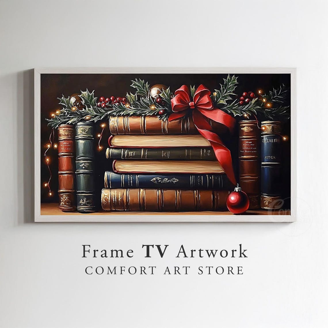 Vintage Christmas Books with Holly Bow Holiday Mantel Art Poster - Image 2