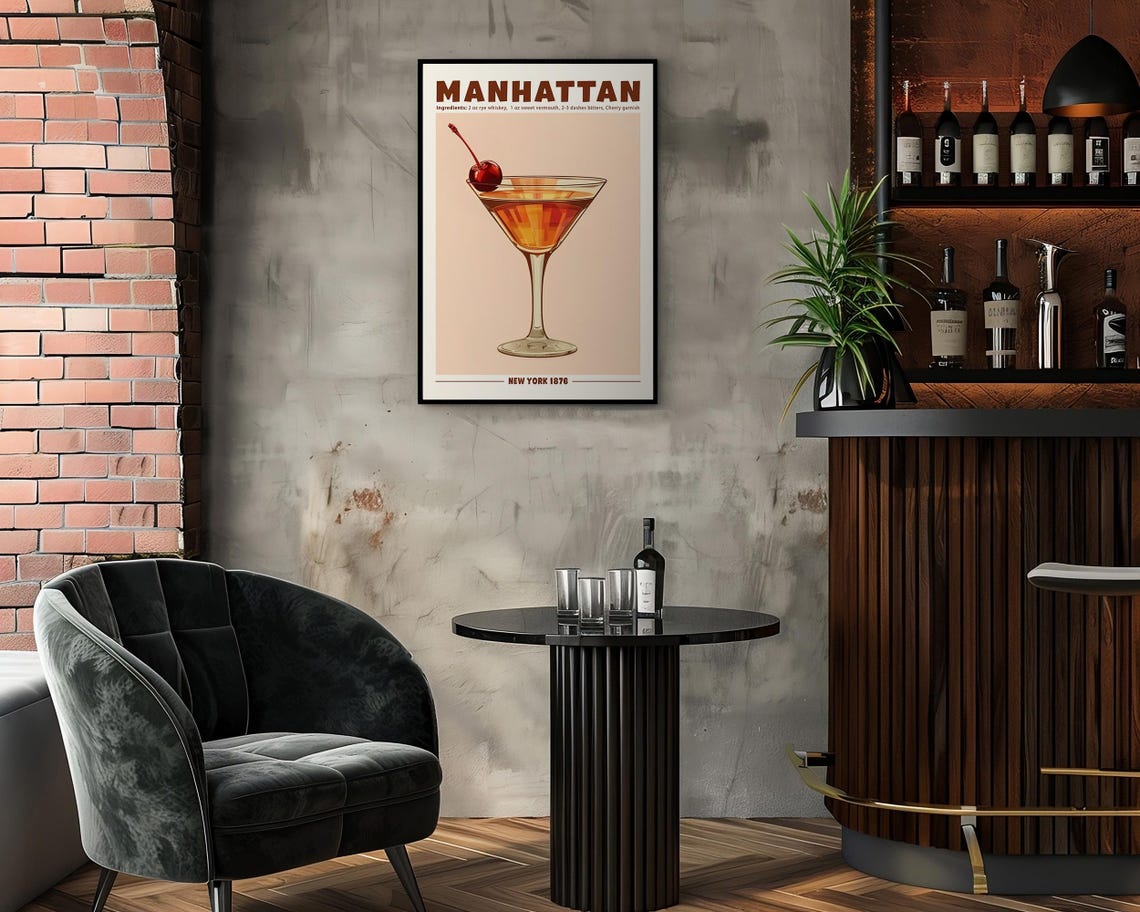 Classic Manhattan Cocktail With Cherry in a Coupe Glass Vintage Poster - Image 2