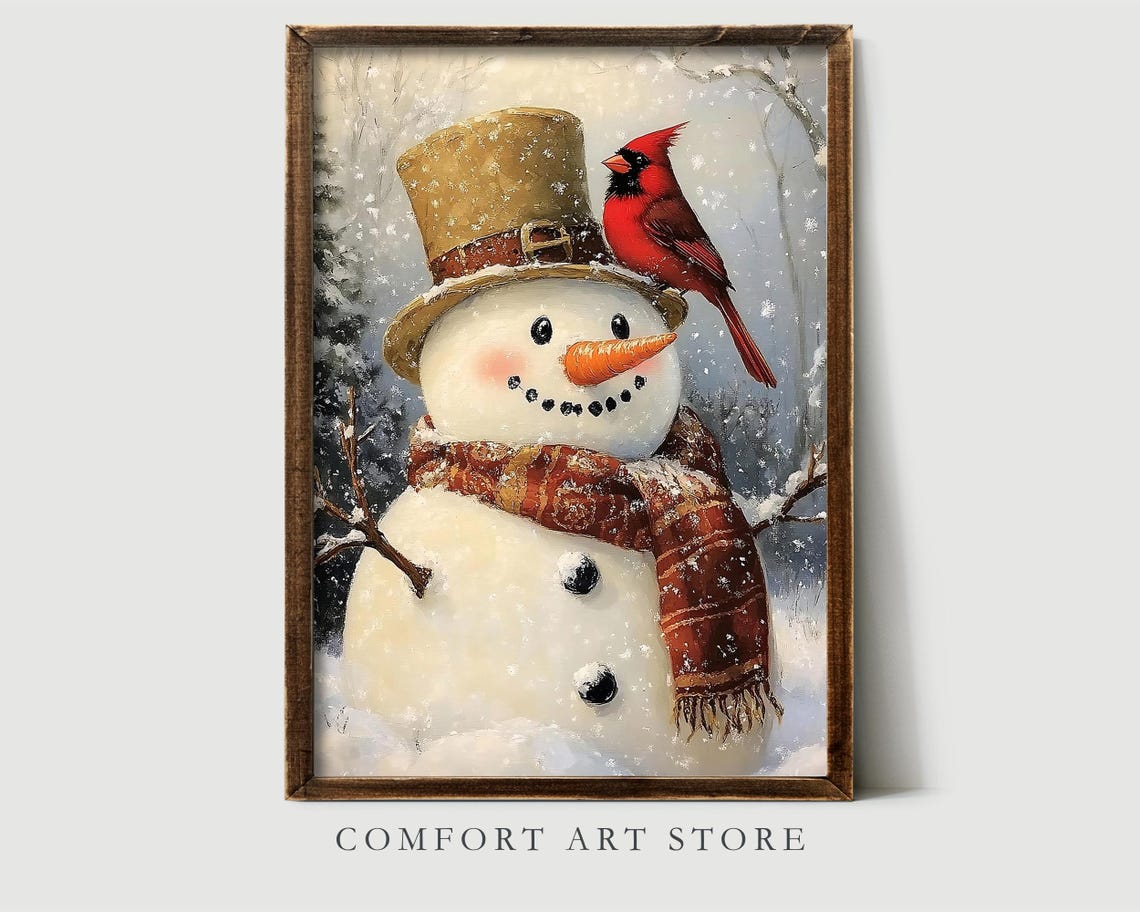 Vintage Christmas Wall Art Snowman Print Carrot Nose Red Cardinal Holiday Winter Decor Neutral Christmas Oil Painting Antique Snowman Print - Image 2
