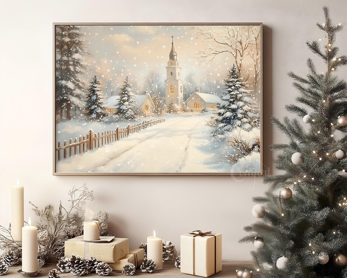 Country Church in Falling Snow Winter Landscape Painting Poster - Image 3