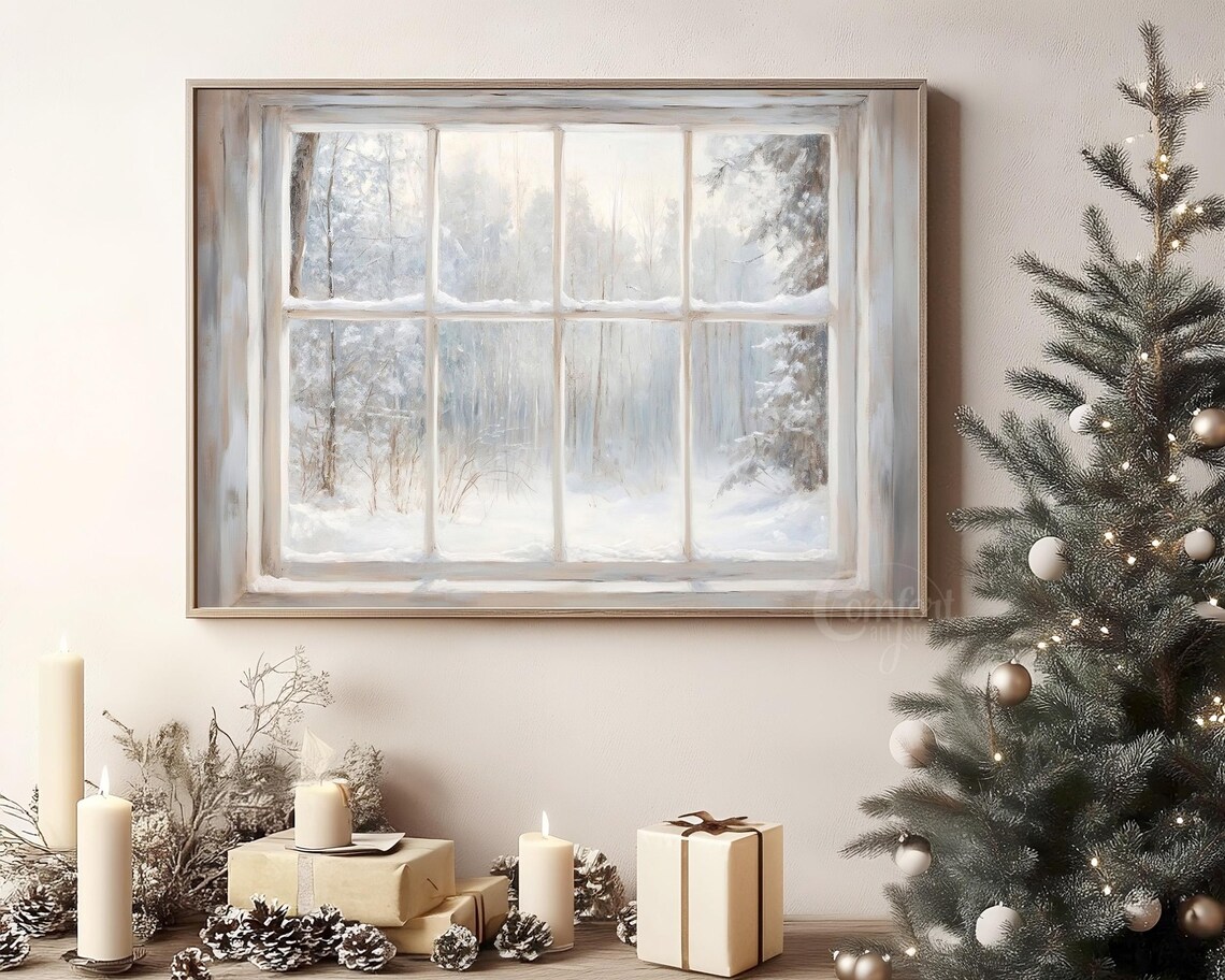 Antique Style Winter Window With Snowy Woodland View Vintage Print - Image 3